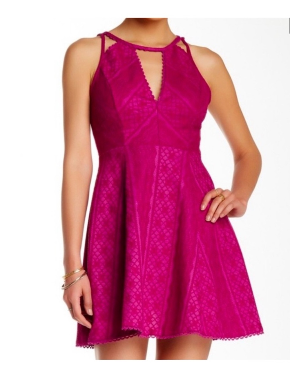 Free People Miss Connections Fuchsia Skater Mini Dress Size 6 Cutouts Crochet